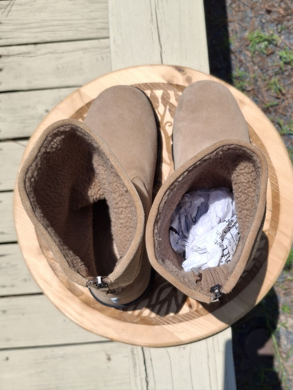 VTG Lands' End Women's Tan Suede & Fleece-Lined Mid Calf Back Zip Winter Boots 9 - Picture 6 of 11
